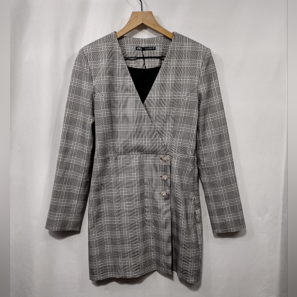 NWOT Zara Plaid Blazer Dress Women's S Black White Office Career Retro Y2K 90s - Picture 2 of 11